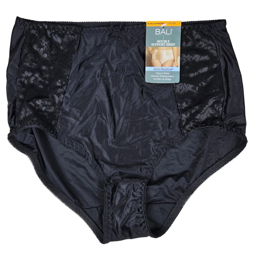 Bali Double Support Brief Black Lace High Waist Panty DFDBBF Size 7 L